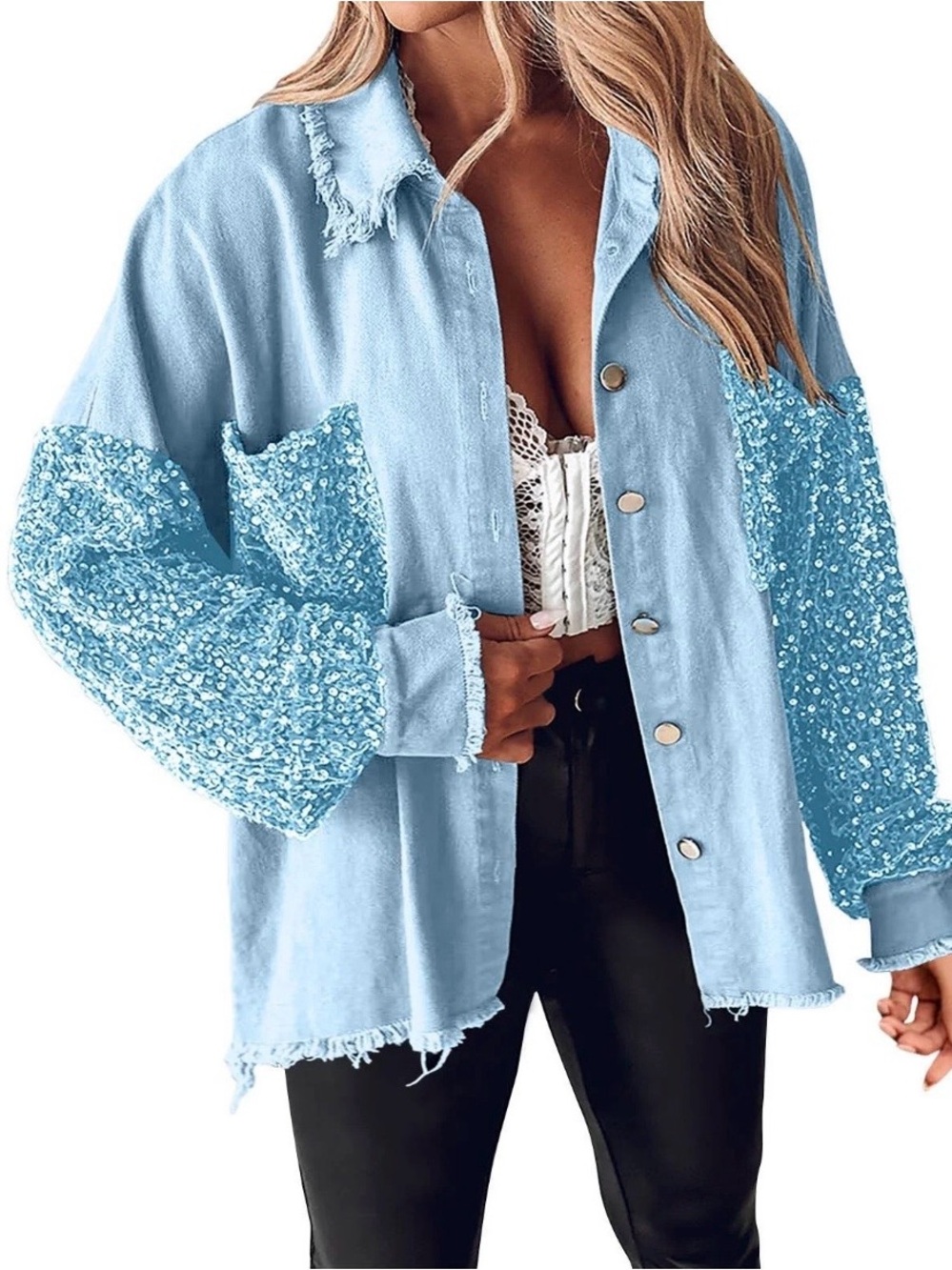 Light Blue Sequin Sleeve Button-Front Shirt Jacket